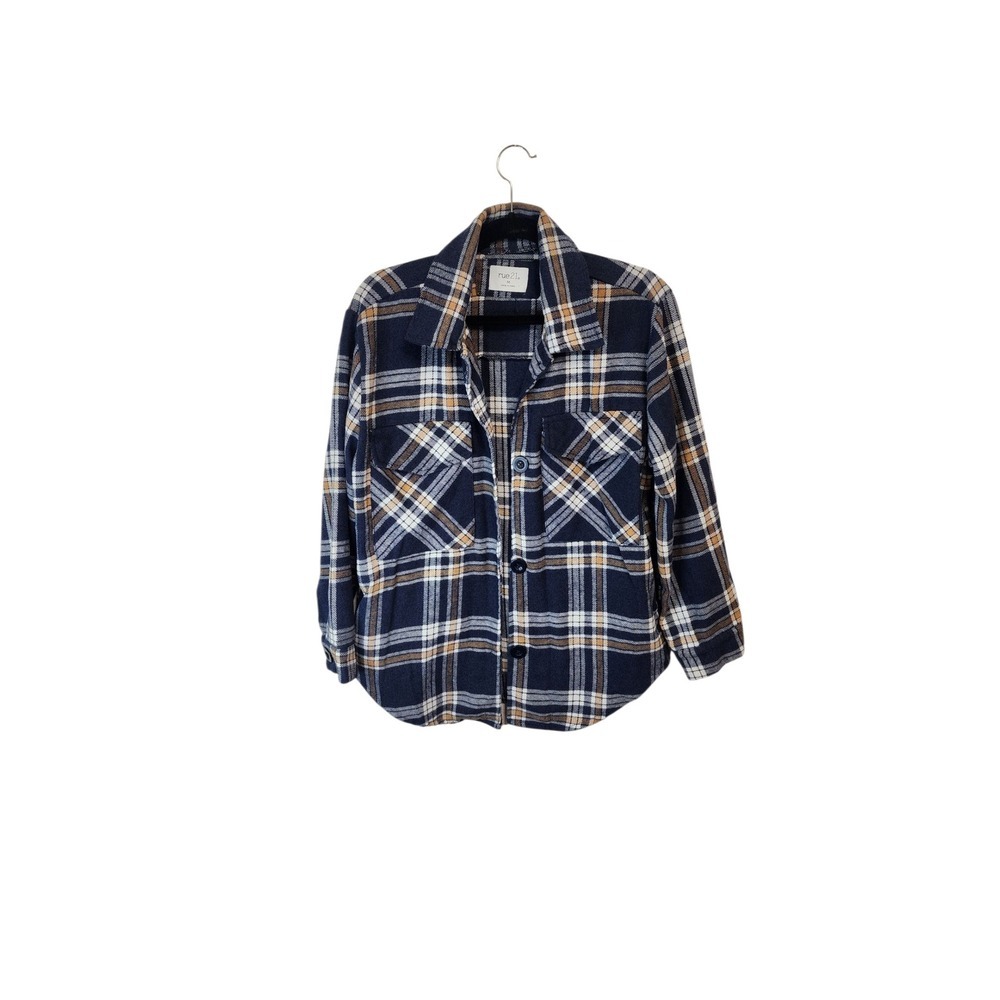 Rue21 Womens Flannel Plaid Shacket Button Up Long‎ Sleeve Blue Tan Medium